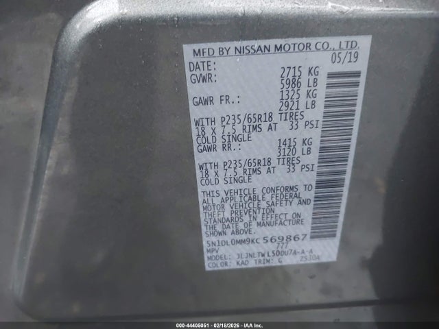 Aukcja sprzedaży 2019 Infiniti Qx60 Luxe, vin: 5N1DL0MM9KC569867, numer aukcji: 44405051