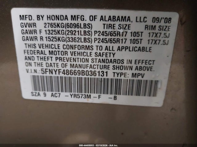 Aukcja sprzedaży 2009 Honda Pilot Ex-l, vin: 5FNYF48669B036131, numer aukcji: 44405053