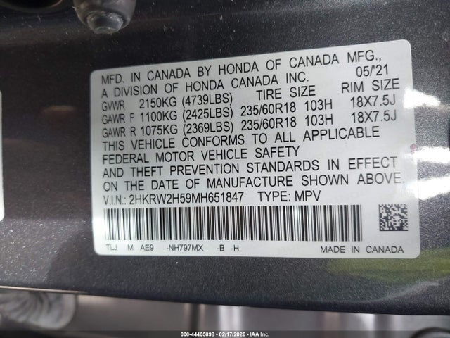 44405098 :رقم المزاد ، 2HKRW2H59MH651847 vin ، 2021 Honda Cr-v Awd Ex مزاد بيع