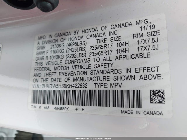 2HKRW5H39KH422632 Honda CR-V LX