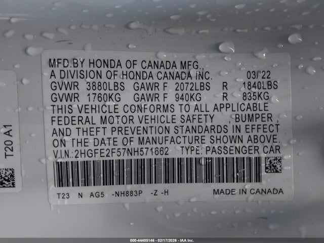 2HGFE2F57NH571662 Honda Civic Sport