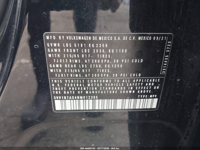 Продаж на аукціоні авто 2022 Volkswagen Tiguan 2.0t S, vin: 3VV1B7AX4NM012385, номер лоту: 44405153
