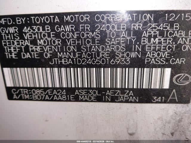 2016 Lexus Is 200t მანქანა იყიდება აუქციონზე, vin: JTHBA1D24G5016933, აუქციონის ნომერი: 44405218