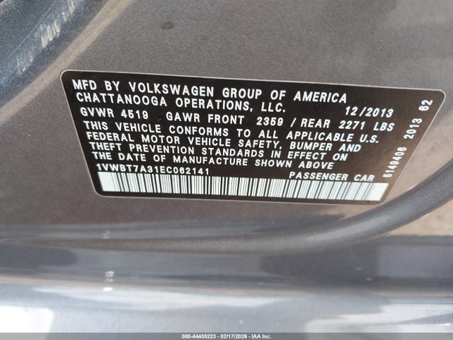 Продаж на аукціоні авто 2014 Volkswagen Passat 1.8t Se, vin: 1VWBT7A31EC062141, номер лоту: 44405223