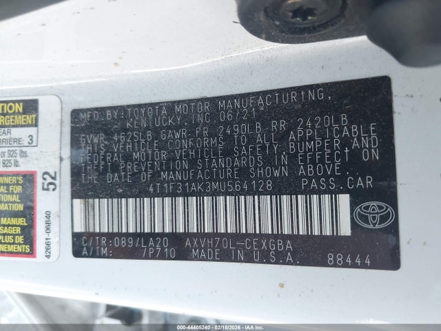 4T1F31AK3MU564128 Toyota Camry Xle Hybrid