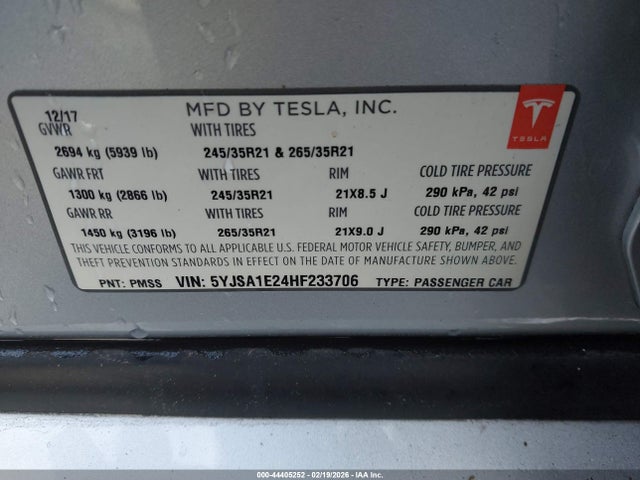 5YJSA1E24HF233706 Tesla Model S 100d/60d/75d/90d/p100d