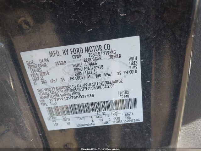 Aukcja sprzedaży 2006 Ford F-150 Lariat/xlt, vin: 1FTPW12V76KD37936, numer aukcji: 44405270