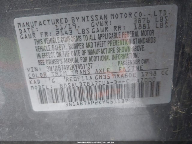3N1AB7AP2KY451137 Nissan SENTRA SV