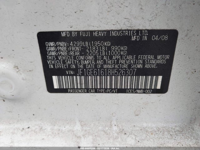 2008 Subaru Impreza 2.5i მანქანა იყიდება აუქციონზე, vin: JF1GE61618H526307, აუქციონის ნომერი: 44405286