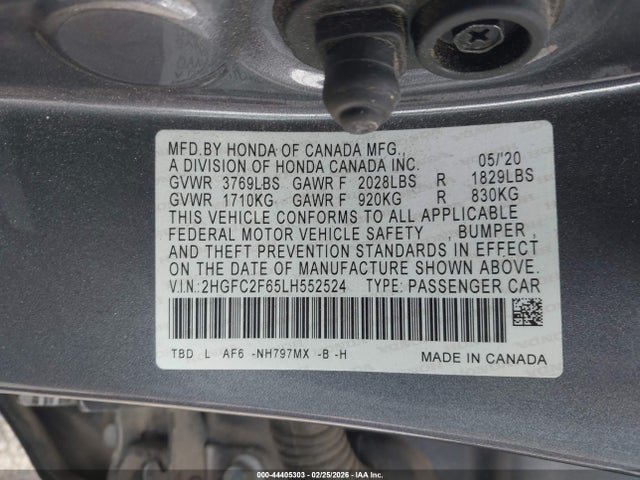 2020 Honda Civic Lx მანქანა იყიდება აუქციონზე, vin: 2HGFC2F65LH552524, აუქციონის ნომერი: 44405303