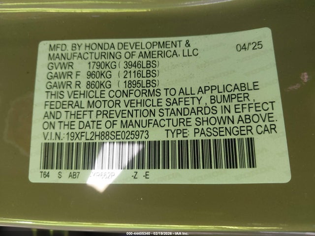 Продаж на аукціоні авто 2025 Honda Civic Sedan Sport, vin: 19XFL2H88SE025973, номер лоту: 44405340