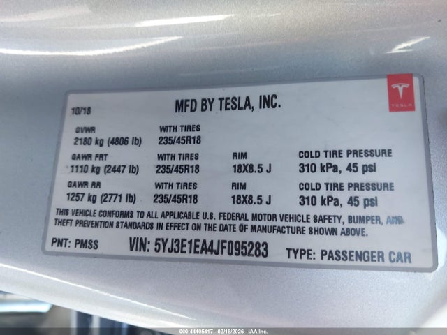 Aukcja sprzedaży 2018 Tesla Model 3 Long Range/mid Range, vin: 5YJ3E1EA4JF095283, numer aukcji: 44405417