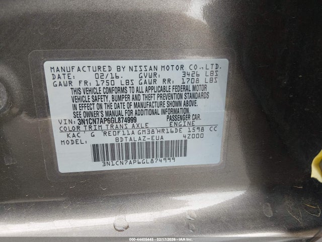 3N1CN7AP6GL874999 Nissan Versa 1.6 S+