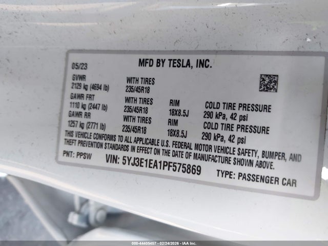 Продаж на аукціоні авто 2023 Tesla Model 3 Rear-wheel Drive, vin: 5YJ3E1EA1PF575869, номер лоту: 44405457