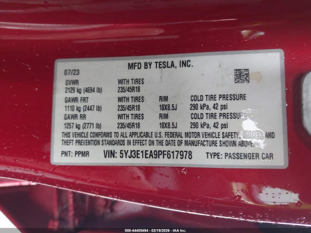 Продажа на аукционе авто 2023 Tesla Model 3 Rear-wheel Drive, vin: 5YJ3E1EA9PF617978, номер лота: 44405494