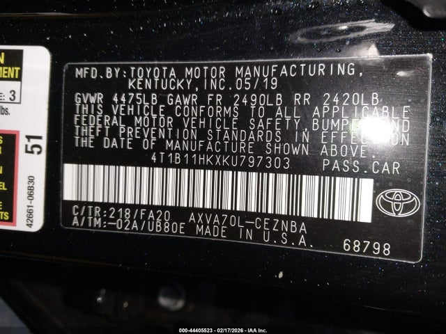 4T1B11HKXKU797303 Toyota CAMRY LE