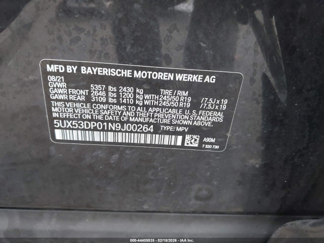 2022 Bmw X3 Xdrive30i მანქანა იყიდება აუქციონზე, vin: 5UX53DP01N9J00264, აუქციონის ნომერი: 44405535