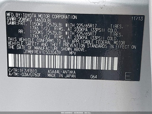 44405542 :رقم المزاد ، JTMBFREV1E5030439 vin ، 2014 Toyota Rav4 Le مزاد بيع