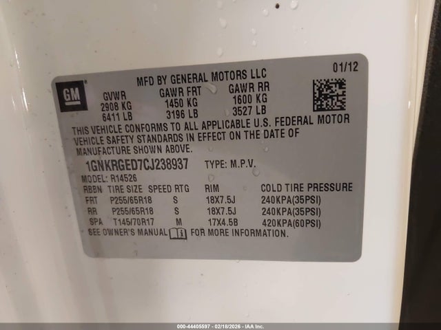 Продаж на аукціоні авто 2012 Chevrolet Traverse 1lt, vin: 1GNKRGED7CJ238937, номер лоту: 44405597