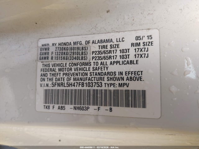 5FNRL5H47FB103753 Honda ODYSSEY EX