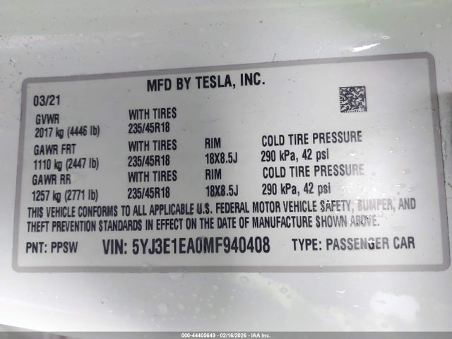 Aukcja sprzedaży 2021 Tesla Model 3 Standard Range Plus Rear-wheel Drive, vin: 5YJ3E1EA0MF940408, numer aukcji: 44405649
