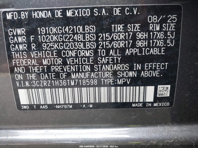 Продажа на аукционе авто 2026 Honda Hr-v 2wd Lx, vin: 3CZRZ1H36TM718598, номер лота: 44405656
