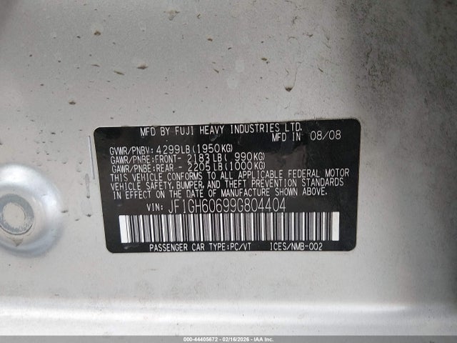 Aukcja sprzedaży 2009 Subaru Impreza 2.5i, vin: JF1GH60699G804404, numer aukcji: 44405672