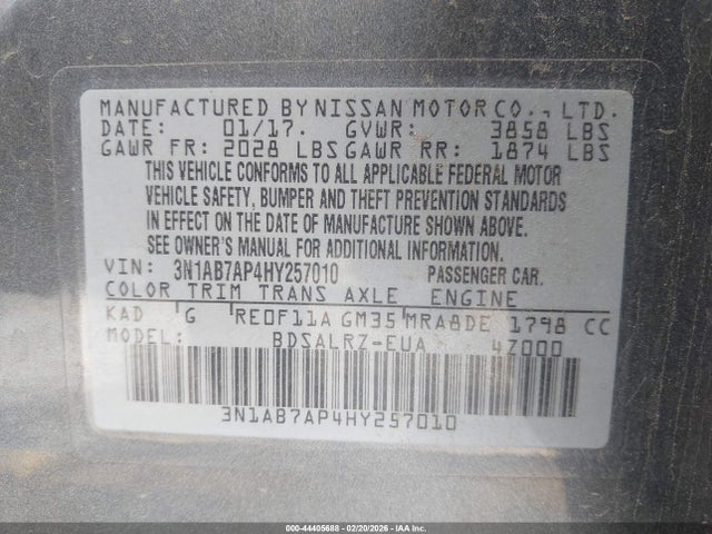 44405688 :رقم المزاد ، 3N1AB7AP4HY257010 vin ، 2017 Nissan Sentra Sr مزاد بيع