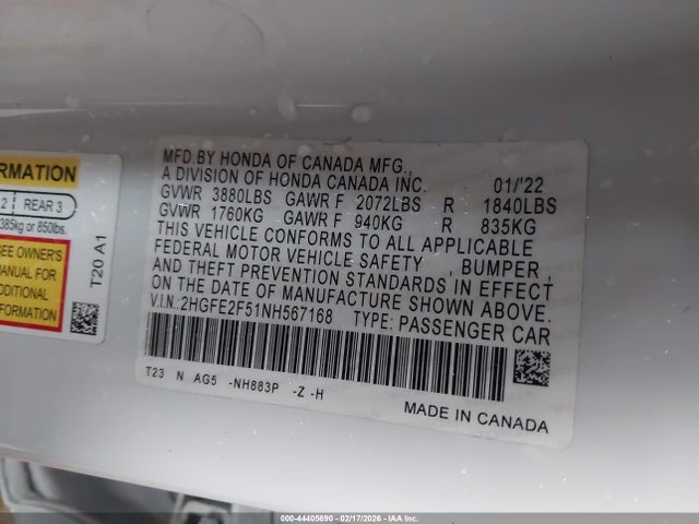 2HGFE2F51NH567168 Honda Civic Sport