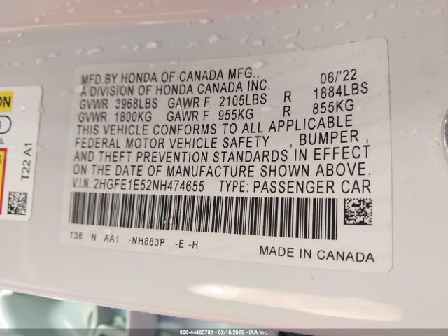 2HGFE1E52NH474655 Honda CIVIC SI SEDAN
