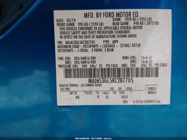 Aukcja sprzedaży 2019 Ford Ecosport Se, vin: MAJ6S3GL5KC287705, numer aukcji: 44405705