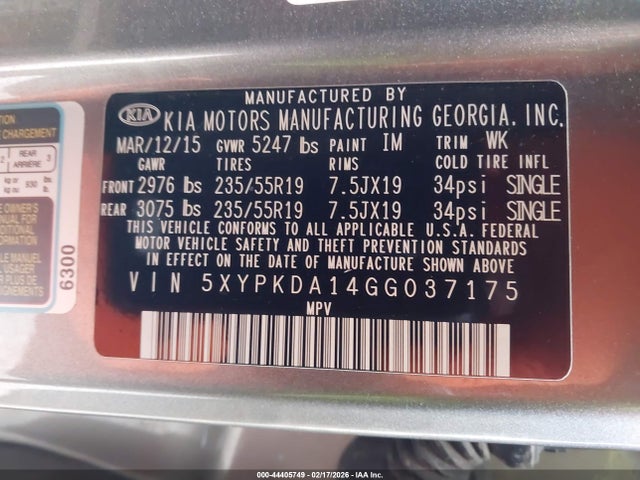 5XYPKDA14GG037175 KIA Sorento 2.0t Sxl