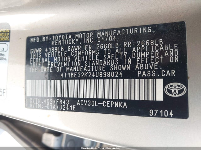 2004 TOYOTA CAMRY 4T1BE32K24U898024 Photo 8