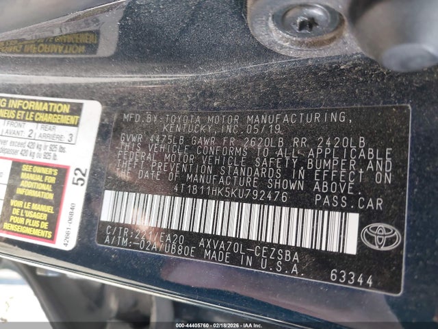 4T1B11HK5KU792476 Toyota CAMRY SE