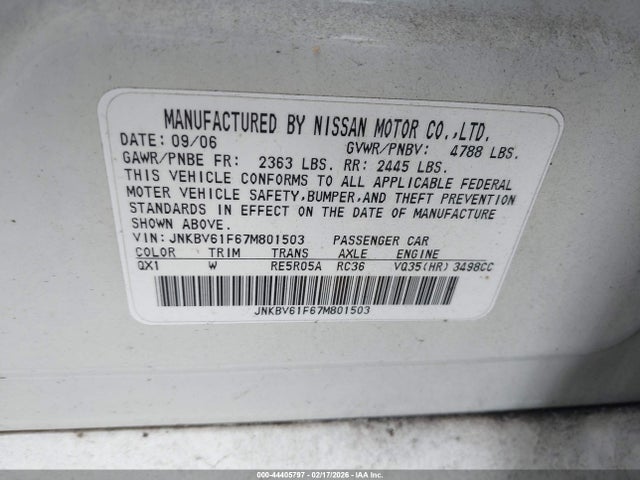 Продажа на аукционе авто 2007 Infiniti G35x, vin: JNKBV61F67M801503, номер лота: 44405797