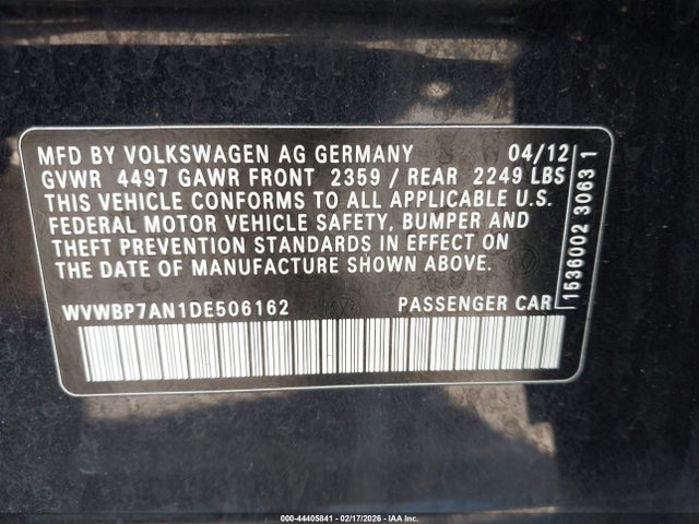 2013 Volkswagen Cc 2.0t Sport Plus მანქანა იყიდება აუქციონზე, vin: WVWBP7AN1DE506162, აუქციონის ნომერი: 44405841