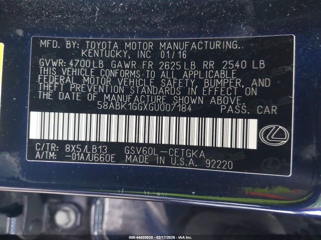 Продажа на аукционе авто 2016 Lexus Es 350, vin: 58ABK1GGXGU007184, номер лота: 44405920