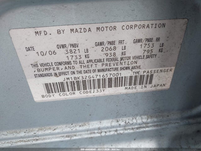 44406040 :رقم المزاد ، JM1BK32G471657001 vin ، 2007 Mazda Mazda3 I Touring مزاد بيع