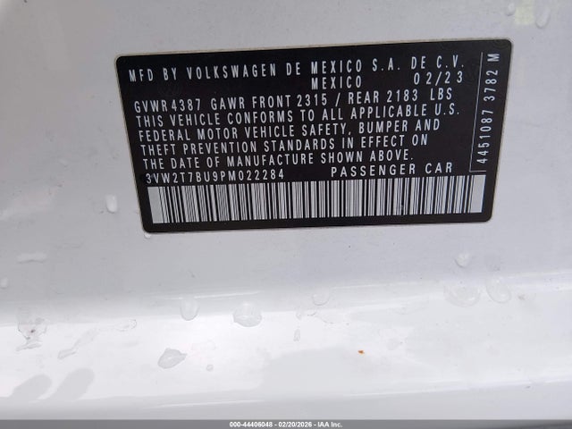 44406048 :رقم المزاد ، 3VW2T7BU9PM022284 vin ، 2023 Volkswagen Jetta Gli 2.0t Autobahn مزاد بيع