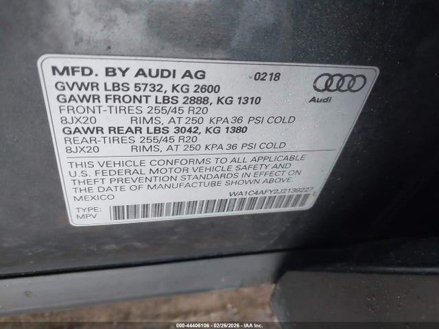 Продаж на аукціоні авто 2018 Audi Sq5 3.0t Premium Plus, vin: WA1C4AFY2J2139227, номер лоту: 44406106