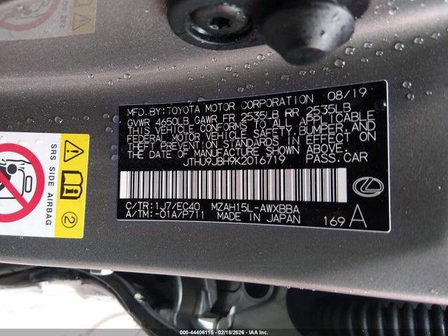 Aukcja sprzedaży 2019 Lexus Ux 250h Luxury, vin: JTHU9JBH9K2016719, numer aukcji: 44406115