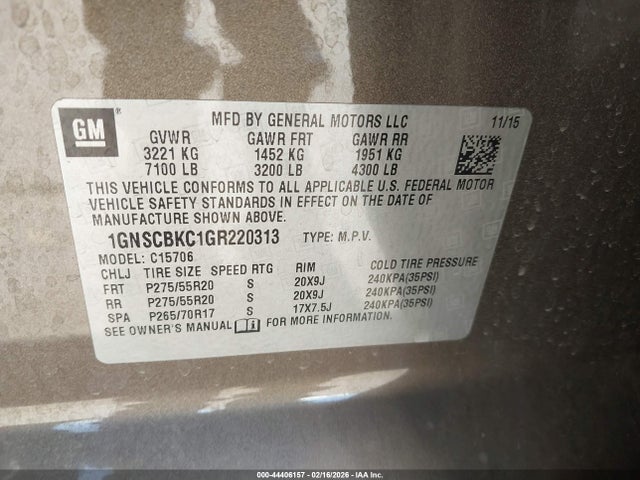 Aukcja sprzedaży 2016 Chevrolet Tahoe Lt, vin: 1GNSCBKC1GR220313, numer aukcji: 44406157