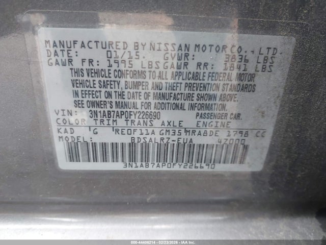 44406214 :رقم المزاد ، 3N1AB7AP0FY226690 vin ، 2015 Nissan Sentra Sr مزاد بيع