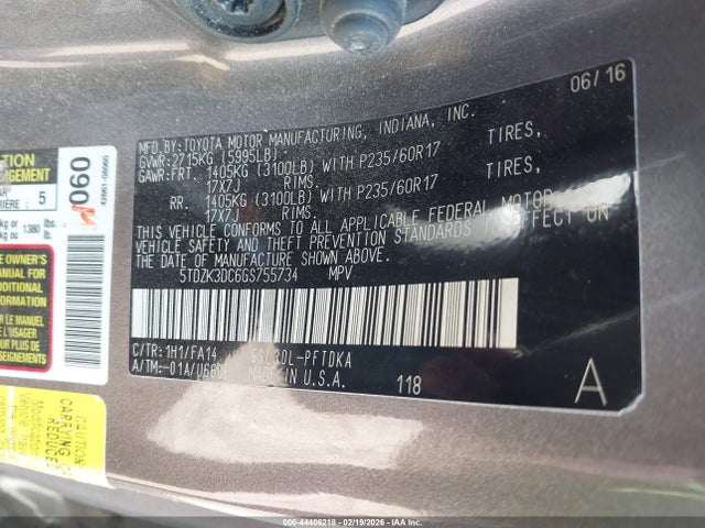 5TDZK3DC6GS755734 Toyota Sienna L 7 Passenger
