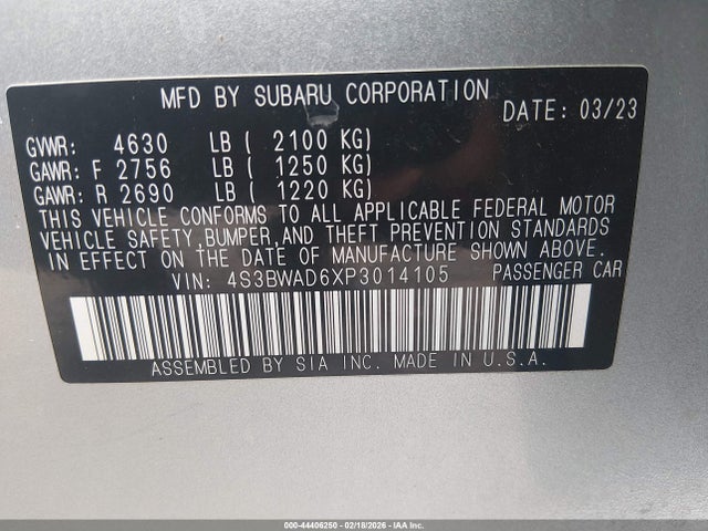 Aukcja sprzedaży 2023 Subaru Legacy Premium, vin: 4S3BWAD6XP3014105, numer aukcji: 44406250