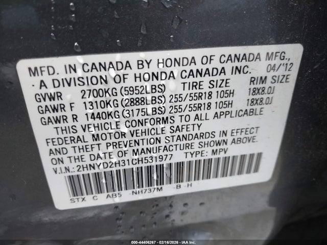 Продаж на аукціоні авто 2012 Acura Mdx Technology Package, vin: 2HNYD2H31CH531977, номер лоту: 44406267
