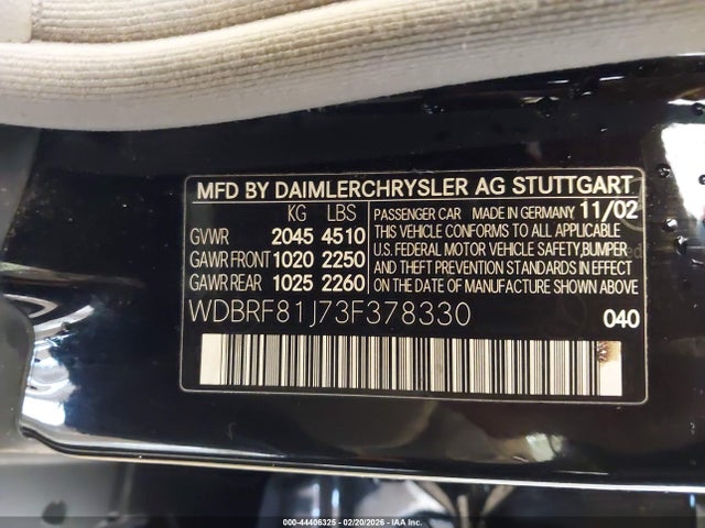 44406325 :رقم المزاد ، WDBRF81J73F378330 vin ، 2003 Mercedes-benz C 240 مزاد بيع