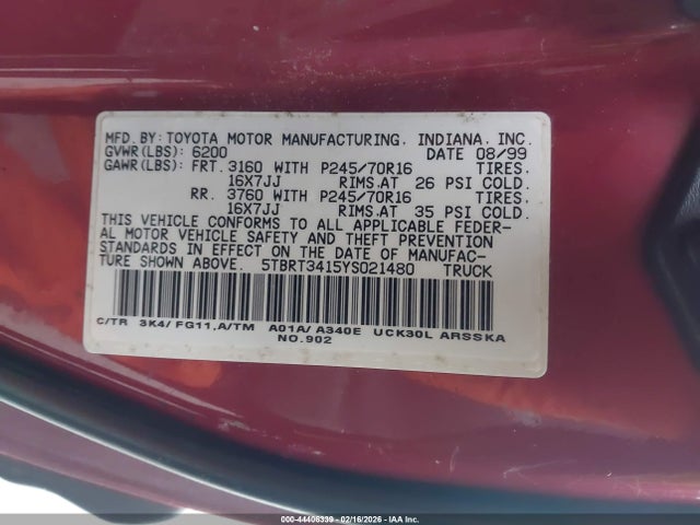 2000 TOYOTA TUNDRA 5TBRT3415YS021480 Photo 8