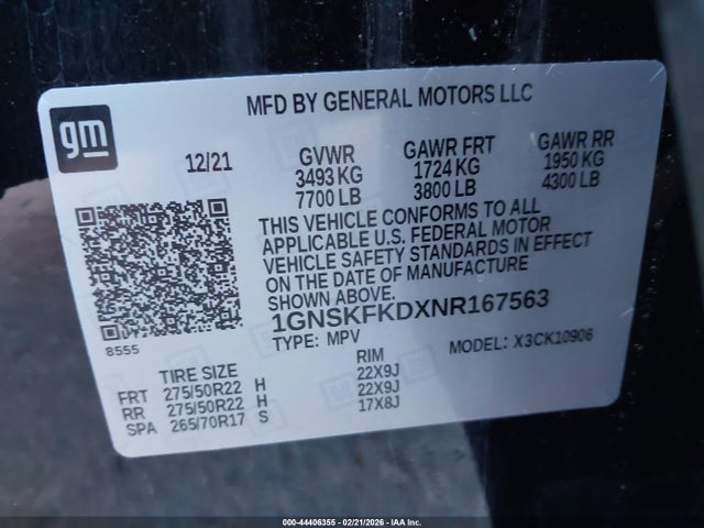 1GNSKFKDXNR167563 Chevrolet Suburban 4wd Premier
