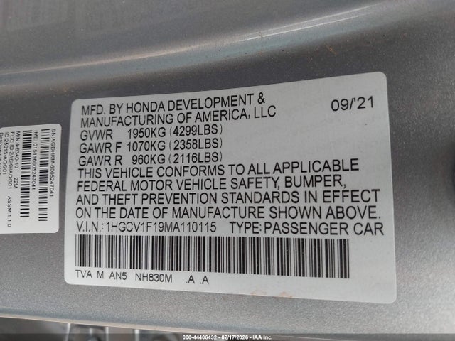 44406432 :رقم المزاد ، 1HGCV1F19MA110115 vin ، 2021 Honda Accord Lx مزاد بيع